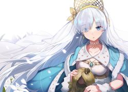 Rule 34 | 1girl, absurdres, anastasia (fate), blue eyes, breasts, cape, collarbone, crown, doll, dress, earrings, eyes visible through hair, fate/grand order, fate (series), flower, hair over one eye, hairband, highres, holding, holding doll, jehyun, jewelry, long hair, looking at viewer, mini crown, necklace, revision, royal robe, shiny clothes, simple background, single earring, small breasts, solo, very long hair, white background, white dress, white flower