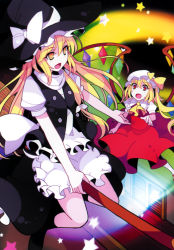Rule 34 | 2girls, adapted costume, apron, ascot, blonde hair, broom, broom riding, crystal, flandre scarlet, flying, hat, hat ribbon, ideolo, kirisame marisa, long hair, looking at another, mob cap, multiple girls, open mouth, puffy sleeves, red eyes, ribbon, scan, shirt, short hair, short sleeves, skirt, skirt set, smile, star (symbol), touhou, turtleneck, vest, waist apron, wings, witch hat, yellow eyes