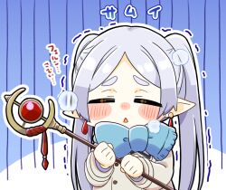 Rule 34 | 1girl, blue scarf, blush stickers, breath, chibi, closed eyes, coat, cold, earrings, elf, frieren, grey hair, hair over shoulder, hands up, holding, holding staff, jewelry, long hair, long sleeves, looking at viewer, namu76, pointy ears, scarf, solo, sousou no frieren, staff, trembling, twintails, upper body, white coat, winter clothes