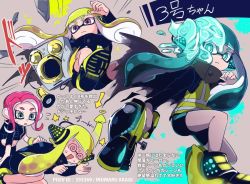Rule 34 | 2girls, @ @, agent 3 (splatoon), agent 8 (splatoon), aqua eyes, aqua hair, artist name, asymmetrical sleeves, black jacket, blunt bangs, bracelet, character name, closed mouth, commentary request, corruption, flying sweatdrops, giving up the ghost, green eyes, green hair, halo, headgear, hero shot (splatoon), holding, holding weapon, inkling, inkling girl, inkling player character, inumaru akagi, jacket, jewelry, jumping, light frown, long hair, looking at another, looking at viewer, lying, midriff, motion blur, motion lines, multiple girls, multiple views, nintendo, octoling, octoling girl, octoling player character, on side, partially translated, pixiv id, purple eyes, red hair, shoes, short hair, splatoon (series), splatoon 2, splatoon 2: octo expansion, spoilers, squidbeak splatoon, standing, star (symbol), sweatdrop, translation request, uneven sleeves, vest, weapon, yellow footwear, yellow vest