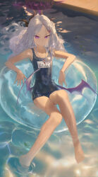 1girl absurdres afloat ahoge backlighting bare_legs blue_archive collarbone commentary_request demon_girl demon_horns demon_wings forehead hair_ornament hairclip halo highres hina_(blue_archive) hina_(swimsuit)_(blue_archive) horns long_hair looking_at_viewer lying name_tag ocean official_alternate_costume official_alternate_hairstyle old_school_swimsuit on_back on_innertube one_side_up parted_bangs purple_eyes school_swimsuit shalink sidelocks solo swimsuit toes transparent_innertube wavy_hair whistle whistle_around_neck white_hair wings