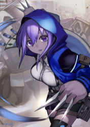 Rule 34 | arknights, blouse, blue poison (arknights), dark-skinned female, dark skin, eyebrows hidden by hair, fate/grand order, fate/prototype, fate/prototype: fragments of blue and silver, fate (series), hassan of serenity (fate), highres, hood, knife, purple hair, reunion soldier (arknights), shirt, solo, thighhighs, wanko (realsight), white shirt, zettai ryouiki