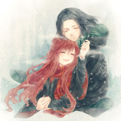 Rule 34 | 1boy, 1girl, aged down, animification, black hair, closed eyes, couple, harry potter (series), hetero, hug, lily evans, long hair, meiriel, open mouth, red hair, robe, scarf, school uniform, severus snape, short hair, smile, snowflakes, striped clothes, striped scarf, winter, wizarding world