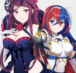 Rule 34 | 2girls, alear (female) (fire emblem), alear (fire emblem), bare shoulders, blue dress, blue eyes, blue hair, bow, bowtie, breasts, cleavage, commentary request, dress, earrings, fire emblem, fire emblem engage, gloves, grey background, hair between eyes, halterneck, highres, ivy (fire emblem), jewelry, large breasts, long hair, looking at viewer, multicolored hair, multiple girls, nintendo, partial commentary, peach11 01, purple eyes, purple hair, reaching, reaching towards viewer, red eyes, red hair, ring, shirt, simple background, smile, split-color hair, streaked hair, upper body, very long hair, white bow, white bowtie, white gloves, white shirt