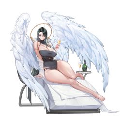 Rule 34 | 1girl, angel wings, azazel (last origin), barefoot, black one-piece swimsuit, breasts, champagne flute, cleavage, cup, dark green hair, drinking glass, full body, game cg, highres, huge breasts, last origin, long hair, official art, one-piece swimsuit, rorobomb, solo, swimsuit, tachi-e, transparent background, wings