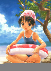 Rule 34 | 1girl, :d, barefoot, beach, black hair, blue one-piece swimsuit, brown eyes, cloud, competition school swimsuit, full body, goto p, indian style, innertube, looking at viewer, mountain, ocean, one-piece swimsuit, open mouth, outdoors, plaid, rock, school swimsuit, short hair, sitting, sitting on rock, sky, smile, solo, swim cap, swim ring, swimsuit, tan, tanline, tree, water