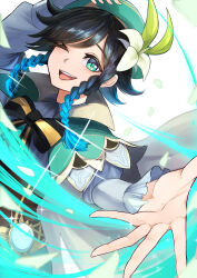 Rule 34 | 1boy, absurdres, androgynous, beret, black hair, blue hair, blush, bow, braid, brooch, cape, collared cape, collared shirt, corset, flower, frilled sleeves, frills, gem, genshin impact, gradient hair, green cape, green eyes, green hat, hand on own head, hat, hat flower, highres, jewelry, leaf, long sleeves, looking at viewer, male focus, multicolored hair, nekotokage, one eye closed, open mouth, shirt, short hair with long locks, side braids, sidelocks, simple background, smile, solo, sparkle, twin braids, venti (genshin impact), vision (genshin impact), white background, white flower, white shirt