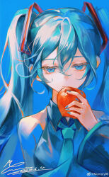 Rule 34 | 1girl, absurdres, apple, aqua necktie, bare shoulders, black sleeves, blue background, blue eyes, blue hair, blue nails, blue shirt, blue theme, breasts, chinese commentary, closed mouth, collared shirt, commentary request, dated, detached sleeves, eyelashes, food, fruit, hair ornament, hatsune miku, highres, holding, holding food, holding fruit, long hair, long sleeves, looking at food, medium breasts, mie haha, nail polish, necktie, shirt, signature, simple background, sleeveless, sleeveless shirt, smile, solo, straight-on, twintails, upper body, vocaloid, weibo watermark, wide sleeves