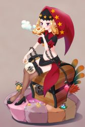 Rule 34 | 1girl, blonde hair, bottle, bread, bread slice, chain, cork, crossed legs, eating, egg, egg (food), flower, food, fried egg, fried egg on toast, frilled thighhighs, frills, heart, heart-shaped pupils, high heels, highres, hood, long hair, micchi (umatankita), midriff, odin sphere, open mouth, pumps, purple eyes, shoes, sitting, solo, striped clothes, striped thighhighs, sunny side up egg, symbol-shaped pupils, thighhighs, toast, treasure chest, velvet (odin sphere), weapon