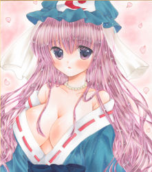 Rule 34 | 1girl, :o, alternate hair length, alternate hairstyle, asa1014, bad id, bad pixiv id, breasts, cherry blossoms, cleavage, clenched teeth, collarbone, hat, jewelry, large breasts, long hair, mob cap, necklace, off shoulder, open mouth, pearl necklace, petals, pink eyes, pink hair, ribbon-trimmed clothes, ribbon trim, saigyouji yuyuko, see-through, solo, teeth, touhou, traditional media, triangular headpiece, upper body, veil