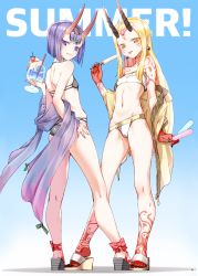 Rule 34 | 2girls, absurdres, bare legs, bare shoulders, bikini, black bikini, black nails, blonde hair, blunt bangs, breasts, collarbone, covered erect nipples, cup, cupping glass, drink, drinking glass, drinking straw, earrings, english text, fate/grand order, fate (series), fingernails, food, hand on own hip, highres, holding, holding cup, horns, ibaraki douji (fate), jewelry, long hair, looking at viewer, multiple girls, nail polish, navel, oni, pointy ears, popsicle, purple eyes, purple hair, sandals, saruchitan, sharp fingernails, short hair, shuten douji (fate), skin-covered horns, small breasts, standing, strapless, swimsuit, tattoo, tongue, tongue out, towel, wedge heels, white bikini, yellow eyes