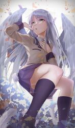 Rule 34 | 1girl, absurdres, angel beats!, black socks, blazer, commentary request, feathered wings, from below, grey hair, highres, jacket, kyel hyde, loafers, long hair, long sleeves, miniskirt, neck ribbon, pleated skirt, purple skirt, ribbon, school uniform, shoes, skirt, socks, solo, straight hair, tachibana kanade, very long hair, white wings, wing collar, wings, yellow eyes, yellow ribbon