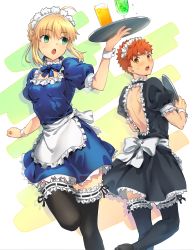 Rule 34 | 1boy, 1girl, :o, absurdres, ahoge, alternate costume, apron, artoria pendragon (all), artoria pendragon (fate), back bow, backless dress, backless outfit, black dress, black thighhighs, blonde hair, blue bow, blue dress, blush, bow, bowtie, cowboy shot, crossdressing, cup, dress, drinking glass, emiya shirou, enmaided, fate/stay night, fate (series), frilled apron, frilled dress, frilled thighhighs, frills, green eyes, highres, holding, holding tray, looking to the side, maid, maid headdress, messy hair, multicolored background, official alternate costume, okonon (kado colda), open mouth, orange hair, saber (fate), short dress, short hair, sidelocks, standing, standing on one leg, thighhighs, tray, white apron, white bow, wrist cuffs, yellow eyes, zettai ryouiki