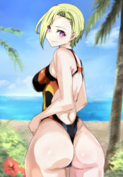 Rule 34 | 1girl, ass, back, backless swimsuit, beach, blonde hair, breasts, competition swimsuit, day, flower, from behind, hibiscus, highleg, highleg swimsuit, large breasts, looking at viewer, looking back, magicami, moroheiya (moroheiya-works), multicolored clothes, multicolored swimsuit, ocean, one-piece swimsuit, outdoors, purple eyes, smile, solo, swimsuit, thong, yukifune eriza