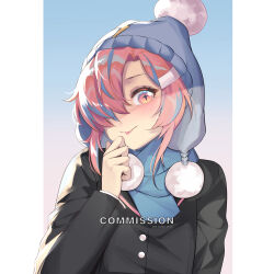Rule 34 | 1girl, absurdres, alte 27, alternate costume, beanie, blue hair, blue scarf, blush, commission, girls&#039; frontline, girls&#039; frontline neural cloud, gradient background, hair over one eye, hand on own face, hat, highres, jacket, looking at viewer, mai (neural cloud), multicolored hair, pink eyes, pink hair, scarf, smile, solo, star-shaped pupils, star (symbol), symbol-shaped pupils, tongue, tongue out, upper body