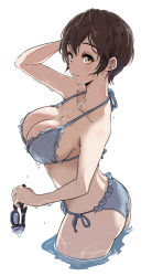 Rule 34 | 1girl, absurdres, arm behind head, arm up, ass, bare arms, bare shoulders, bikini, black hair, breasts, brown eyes, cleavage, commentary request, eyebrows hidden by hair, goggles, halterneck, highres, holding, holding goggles, idolmaster, idolmaster cinderella girls, large breasts, oikawa shizuku, pizzasi, side-tie bikini bottom, solo, string bikini, striped bikini, striped clothes, swimsuit, unworn goggles, vertical-striped bikini, vertical-striped clothes, water, white background