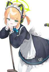 Rule 34 | 1girl, absurdres, animal ear headphones, animal ears, apron, black dress, blonde hair, blue archive, blush, cat tail, cygnet (5817cygnet), dress, fake animal ears, frilled apron, frills, green eyes, green halo, halo, headphones, highres, long sleeves, looking at viewer, maid, maid headdress, midori (blue archive), midori (maid) (blue archive), mop, official alternate costume, open mouth, pantyhose, short hair, simple background, smile, solo, tail, white apron, white background, white pantyhose