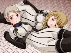 Rule 34 | 00s, 2girls, alister agrew, blonde hair, blush, bob cut, bodysuit, braid, breasts, brown gloves, brown legwear, buzzer, closed mouth, collar, count zero, curvy, elbow gloves, fingerless gloves, frown, gloves, hand on own hip, hand up, holding hands, interlocked fingers, last exile, long hair, looking at viewer, lying, medium breasts, multiple girls, on back, on side, parted bangs, pilot suit, pink eyes, purple eyes, short hair, sidelocks, silver hair, smile, tareme, tatiana wisla, thighhighs, uniform, wide hips, yuri
