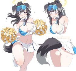 Rule 34 | 1girl, animal ears, ass, bare arms, bare legs, bare shoulders, black hair, blue archive, blue eyes, blush, breasts, carcass (artist), cheerleader, cleavage, crop top, curvy, dog ears, dog girl, dog tail, eyewear on head, flying sweatdrops, goggles, goggles on head, halo, hanging breasts, hibiki (blue archive), hibiki (cheer squad) (blue archive), highres, holding, holding pom poms, large breasts, leaning forward, leg up, long hair, looking at viewer, midriff, millennium cheerleader outfit (blue archive), miniskirt, multiple girls, multiple views, navel, open mouth, panties, pantyshot, pleated skirt, pom pom (cheerleading), pom poms, ponytail, shoes, skirt, sneakers, standing, standing on one leg, sunglasses, sweat, tail, underwear, wedgie, white panties, white skirt, wide hips