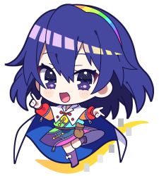 Rule 34 | 1girl, :d, bag, cape, chibi, full body, hairband, highres, index finger raised, leg up, long sleeves, looking at viewer, multicolored clothes, multicolored hairband, open mouth, purple eyes, purple footwear, purple hair, short hair, simple background, smile, solo, tenkyuu chimata, touhou, white background, white cape, yoriteruru, zipper