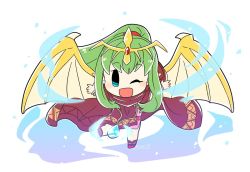Rule 34 | 1girl, artist name, bad id, bad twitter id, bracelet, chibi, cloak, dragon wings, fire emblem, fire emblem: mystery of the emblem, fire emblem heroes, flyer 27, full body, green hair, hair ribbon, hood, hood down, jewelry, long hair, nintendo, one eye closed, open mouth, outstretched arms, pointy ears, ponytail, red ribbon, ribbon, simple background, solo, spread arms, stone, tiara, tiki (fire emblem), tiki (young) (fire emblem), white background, wings