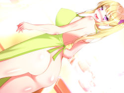 Rule 34 | 1girl, apron, ass, back, blonde hair, blue eyes, blush, breasts, dutch angle, eyebrows, from behind, heart, heart-shaped pupils, highres, huge breasts, indoors, kitchen, legs, long hair, looking back, nabesekizaiten, naked apron, open mouth, original, shiny skin, sideboob, solo, standing, sunlight, symbol-shaped pupils, thighs, twintails