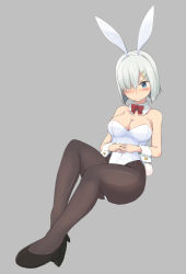 Rule 34 | 1girl, animal ears, black footwear, black pantyhose, blue eyes, blush, bow, bowtie, breasts, cleavage, detached collar, fake animal ears, grey background, hair ornament, hair over one eye, hairclip, hamakaze (kancolle), high heels, invisible chair, kantai collection, kugui kiyunemu, large breasts, leotard, nose blush, own hands clasped, own hands together, pantyhose, playboy bunny, rabbit ears, red bow, red bowtie, short hair, silver hair, simple background, sitting, solo, strapless, strapless leotard, white leotard, wrist cuffs