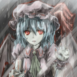 Rule 34 | 1girl, ascot, bat wings, benisan, blouse, blue hair, expressionless, fangs, fingernails, grey background, hands up, hat, hat ribbon, light trail, lips, looking at viewer, mob cap, pale skin, rain, red eyes, remilia scarlet, ribbon, sharp fingernails, shirt, short hair, short sleeves, solo, touhou, wings, wrist cuffs