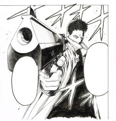 Rule 34 | 1boy, absurdres, coat, covered mouth, finger on trigger, foreshortening, greyscale, gun, handgun, highres, holding, holding gun, holding weapon, looking at viewer, male focus, monochrome, murata yuusuke, official art, one-punch man, open clothes, open coat, pistol, sanpaku, scan, short hair, solo, traditional media, weapon, zombieman