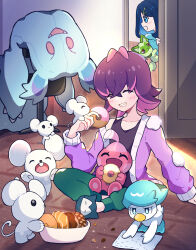 Rule 34 | 2girls, :d, ^ ^, blue eyes, blue hair, bowl, cat, closed eyes, colored skin, commentary request, creatures (company), dot (pokemon), doughnut, food, game freak, green pants, hair ornament, hairclip, haru (haruxxe), highres, indoors, liko (pokemon), maushold, maushold (family of four), medium hair, mouse (animal), multicolored hair, multiple girls, nidothing, nintendo, open door, open mouth, pants, pink hair, pokemon, pokemon (anime), pokemon (creature), pokemon horizons, purple hair, quaxly, red eyes, sitting, sleeves past wrists, smile, solid oval eyes, sprigatito, teeth, tinkatink, two-tone hair, white skin
