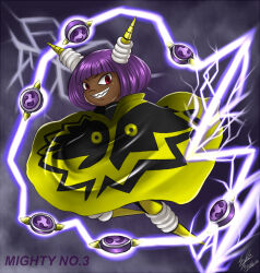Rule 34 | 1girl, artist name, black cape, bob cut, cape, character name, commentary, dark-skinned female, dark skin, dynatron (mighty no. 9), electricity, full body, grin, horns, joints, looking at viewer, mighty no. 9, mitsudomoe (shape), no feet, purple background, purple hair, red eyes, revision, robot, robot girl, robot joints, sharp teeth, short hair, signature, simple background, smile, solo, syahilla, teeth, tomoe (symbol), two-tone cape, v-shaped eyebrows, very dark skin, yellow cape, yellow horns