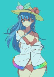 Rule 34 | 1girl, absurdres, ai ken, alternate costume, bare shoulders, bikini, bikini top only, black hat, blue background, blue eyes, blue hair, breasts, cardigan, cleavage, closed mouth, clothes tug, collarbone, food, fruit, hair between eyes, hat, highres, hinanawi tenshi, leaf, long hair, long sleeves, looking at viewer, off shoulder, open clothes, peach, rainbow order, red bikini, simple background, smile, solo, standing, sweater, sweater tug, swimsuit, touhou, upper body, very long hair