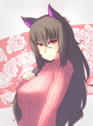 Rule 34 | 1girl, absurdres, alternate costume, animal ears, arm at side, black hair, blake belladonna, blush, breast suppress, breasts, cat ears, closed mouth, eyebrows, floral background, flower, hair between eyes, highres, large breasts, long hair, long sleeves, looking at viewer, ribbed sweater, rose, rwby, signature, smile, solo, sweater, upper body, yellow eyes, z666ful
