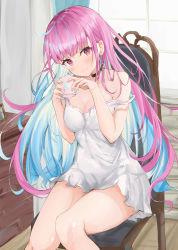 Rule 34 | 1girl, anchor earrings, bare shoulders, black choker, blue hair, blue nails, blush, breasts, chair, choker, collarbone, colored inner hair, cup, dress, earrings, head tilt, highres, holding, holding cup, hololive, indoors, jewelry, large breasts, long hair, looking at viewer, mikanagi yuri, minato aqua, mug, multicolored hair, nail polish, purple eyes, purple hair, short dress, sitting, smile, solo, strap slip, thighs, two-tone hair, very long hair, virtual youtuber, white dress, window