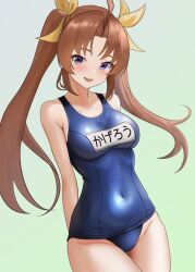 Rule 34 | 1girl, ahoge, alternate costume, blue one-piece swimsuit, blush, breasts, brown hair, collarbone, covered navel, dorachan r, hair ribbon, kagerou (kancolle), kantai collection, long hair, looking at viewer, name tag, old school swimsuit, one-piece swimsuit, open mouth, purple eyes, ribbon, school swimsuit, small breasts, smile, solo, swimsuit, twintails, yellow ribbon