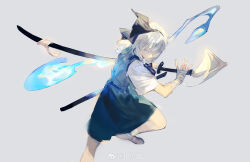 Rule 34 | 1girl, absurdres, bandaged arm, bandaged hand, bandages, black hairband, brown footwear, closed mouth, foot out of frame, green skirt, green vest, grey background, grey hair, hairband, highres, hitodama, holding, holding sword, holding weapon, incoming attack, katana, konpaku youmu, looking at viewer, medium hair, sheath, shirt, short sleeves, simple background, skirt, socks, solo, sword, tian (my dear), touhou, unsheathing, vest, weapon, weibo logo, white shirt, white socks
