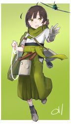Rule 34 | 1girl, absurdres, ahoge, aircraft, airplane, blunt bangs, braid, brown eyes, brown hair, commentary request, double bun, dougi, full body, gloves, gradient background, green background, green hakama, green scarf, grey gloves, hair bun, hakama, highres, japanese clothes, kantai collection, long hair, looking at viewer, ma rukan, scarf, single glove, solo, string, twin braids, un&#039;you (kancolle), yawata maru (kancolle)