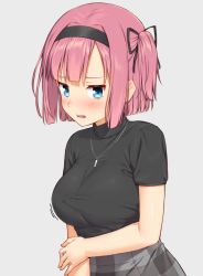 Rule 34 | 1girl, blue eyes, blunt bangs, blush, breasts, grey background, hair ribbon, hairband, hand on own arm, jewelry, large breasts, looking at viewer, mikazuchi zeus, mochizuki momiji, necklace, new game!, one side up, open mouth, pink hair, ribbon, shirt, short hair, simple background, solo, sweatdrop, taut clothes, taut shirt, turtleneck