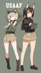 Rule 34 | 2girls, animal ears, arms behind head, arms up, black hair, blonde hair, boots, brown eyes, brown footwear, carla j. luksic, full body, geena preddy, goggles, goggles on head, grey eyes, head wings, long hair, long sleeves, looking at viewer, looking away, low twintails, multiple girls, noble witches, one eye closed, pocket, ponytail, shimada fumikane, shoes, simple background, skirt, standing, strike witches, tail, twintails, wings, world witches series