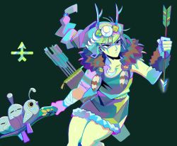 Rule 34 | 1girl, arrow (projectile), artemis (hades), bird, black background, colored skin, denaseey, feet out of frame, fur trim, green skin, hades (series), hades 1, highres, holding, holding arrow, horns, long hair, ponytail, simple background, solo