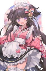 Rule 34 | 1girl, :d, black skirt, blue archive, blush, bow, breasts, brown hair, commentary request, frilled kimono, frills, hair bow, heart, highres, japanese clothes, juju (jelly fever), kimono, long hair, looking at viewer, maid, maid headdress, medium breasts, mole, mole under eye, open mouth, pink bow, pink kimono, purple eyes, shizuko (blue archive), skirt, smile, solo, thighhighs, two side up, wa maid, wide sleeves