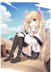 Rule 34 | 1girl, ahoge, bare shoulders, black skirt, black thighhighs, blonde hair, blue eyes, blue sky, bottle, camisole, cloud, collarbone, commentary request, day, fang, hair between eyes, hair ribbon, highres, holding, holding bottle, jacket, knees up, long hair, long sleeves, mo (pixiv9929995), mountain, no shoes, off shoulder, open clothes, open jacket, open mouth, original, outdoors, pleated skirt, puffy long sleeves, puffy sleeves, purple ribbon, ribbon, sample watermark, sitting, skirt, sky, solo, thighhighs, tree stump, twintails, very long hair, water bottle, watermark, white camisole, white jacket