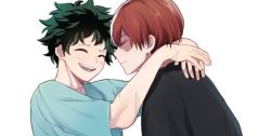 Rule 34 | 2boys, :d, black shirt, boku no hero academia, burn scar, closed eyes, closed mouth, commentary request, facing another, freckles, from side, green hair, happy, hug, male focus, midoriya izuku, miyanami 3, multicolored hair, multiple boys, open mouth, red hair, scar, scar on arm, scar on face, shirt, short hair, short sleeves, simple background, smile, todoroki shouto, two-tone hair, upper body, white background, yaoi