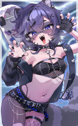 Rule 34 | 1girl, animal ears, bandeau, belt, black bandeau, black belt, black collar, black gloves, black hair, black nails, black sleeves, chain, claw pose, collar, collarbone, commission, cross-laced clothes, earrings, fangs, fingerless gloves, fishnet thighhighs, fishnet top, fishnets, gloves, hair between eyes, hair ornament, highleg, highleg panties, highres, indie virtual youtuber, jewelry, multicolored hair, navel piercing, open mouth, panties, pantyhose, piercing, purple eyes, raccoon ears, raccoon girl, raccoon tail, short shorts, shorts, single fishnet legwear, single leg pantyhose, single sleeve, skateboard, skeb commission, snuffy (vtuber), solo, spiked collar, spikes, star (symbol), star earrings, stomach, streaked hair, striped sleeves, tail, teeth, thighhighs, tongue, tongue out, torn clothes, torn pantyhose, trente, twitter username, underwear, upper teeth only, virtual youtuber, x hair ornament