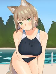 Rule 34 | 1girl, absurdres, animal ears, arm under breasts, blush, breast hold, breasts, brown hair, commentary request, cowboy shot, eyeliner, green eyes, head tilt, highres, leaning forward, looking at viewer, makeup, medium breasts, nezuko, one-piece swimsuit, original, outdoors, poolside, short hair, solo, swimsuit, tail, thick eyebrows, wet, wet hair
