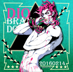 Rule 34 | 1boy, character name, dated, dio brando, fingerless gloves, gloves, half gloves, hatoyama itsuru, jojo no kimyou na bouken, looking at viewer, male focus, nail polish, paint splatter, pink eyes, pink hair, pink nails, topless male, short hair, smile, solo, tongue, tongue out, twitter username