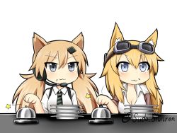 Rule 34 | 2girls, animal ear fluff, animal ears, artist name, bell, blonde hair, breasts, call bell, cat ears, cat girl, cleavage, dog ears, food, food on face, girls&#039; frontline, goggles, goggles on head, headset, idw (girls&#039; frontline), m500 (girls&#039; frontline), meme, multiple girls, paw pose, plate, plate stack, rice, rice on face, sudou noboru