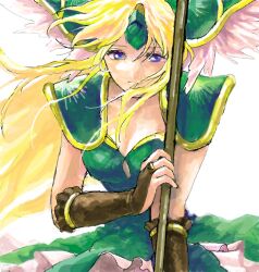Rule 34 | 1girl, bad drawr id, bad id, blonde hair, blue eyes, breasts, brown gloves, closed mouth, dress, fingerless gloves, forehead jewel, frilled gloves, frills, gloves, green dress, green hat, hat, holding, holding polearm, holding weapon, jewelry, konnyak, long hair, looking at viewer, medium breasts, oekaki, polearm, riesz, ring, seiken densetsu, seiken densetsu 3, shoulder pads, solo, upper body, weapon, white background, wind