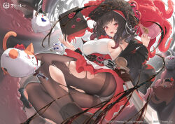 Rule 34 | 1girl, :3, absurdres, ass, azur lane, book, breasts, brown footwear, brown hair, brown pantyhose, cross, eyepatch, fang, feet out of frame, from below, hat, highres, holding, holding book, iron cross, large breasts, long hair, looking at viewer, meowfficer (azur lane), official art, open mouth, panties, panties under pantyhose, pantyhose, peragura, pirate hat, red eyes, royal fortune (azur lane), scimitar, second-party source, sideboob, skin fang, solo, sword, tentacle hair, torn clothes, torn pantyhose, underwear, weapon, white panties
