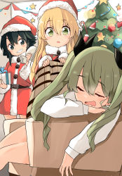 Rule 34 | 3girls, alternate costume, anchovy (girls und panzer), armchair, barashiya, belt, black belt, black hair, black ribbon, blanket, blonde hair, braid, brown eyes, candy, candy cane, carpaccio (girls und panzer), chair, christmas, christmas tree, closed eyes, commentary, dress, dress shirt, drill hair, food, gift, girls und panzer, green eyes, green hair, grin, hair ribbon, hat, highres, holding, holding blanket, holding gift, holding sack, indoors, leaning to the side, long hair, long sleeves, looking at another, multiple girls, open mouth, over shoulder, pepperoni (girls und panzer), red dress, red headwear, ribbon, sack, saliva, santa costume, santa dress, santa hat, shirt, short dress, short hair, side braid, sitting, sleeping, smile, standing, star ornament, twin drills, twintails, white shirt